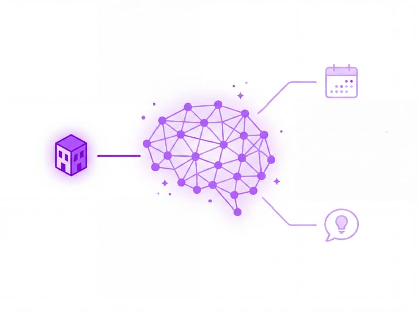 AI brain network connecting to memory palace, spaced repetition calendar, and Feynman lightbulb