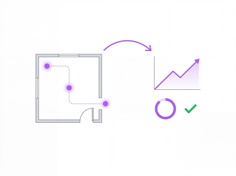 Memory palace floor plan with learning path, retention chart climbing upward, and completion checkmark